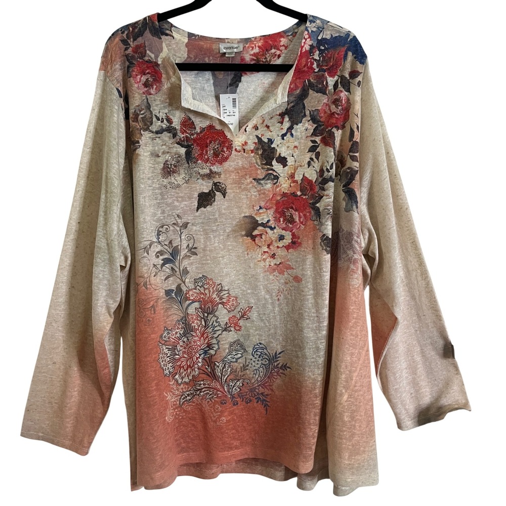 Avenue Floral Ombre Knit Top Women 30/32 Coral New‎ Rhinestone Split Neck Ombre